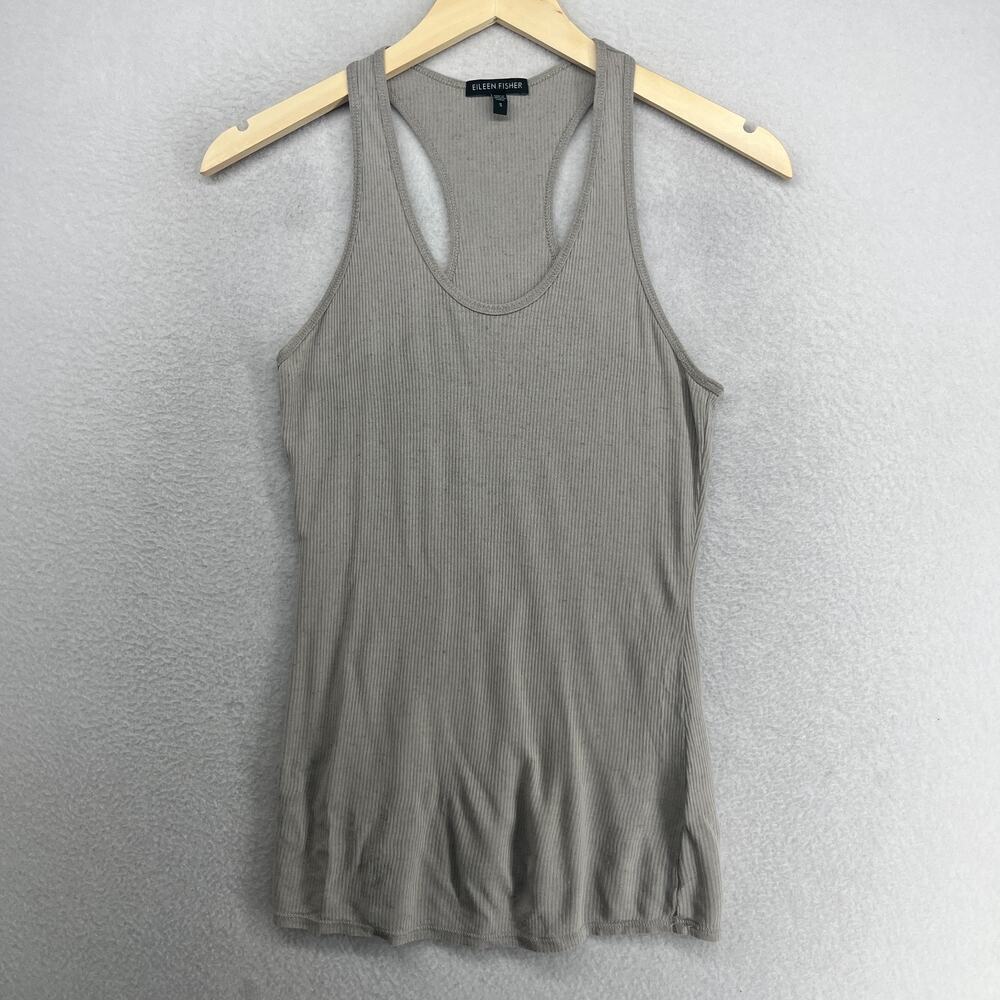 EILEEN FISHER Tank Top S Tencel Flax Ribbed Jersey Speckled Racerback Gray USA - Picture 1 of 12